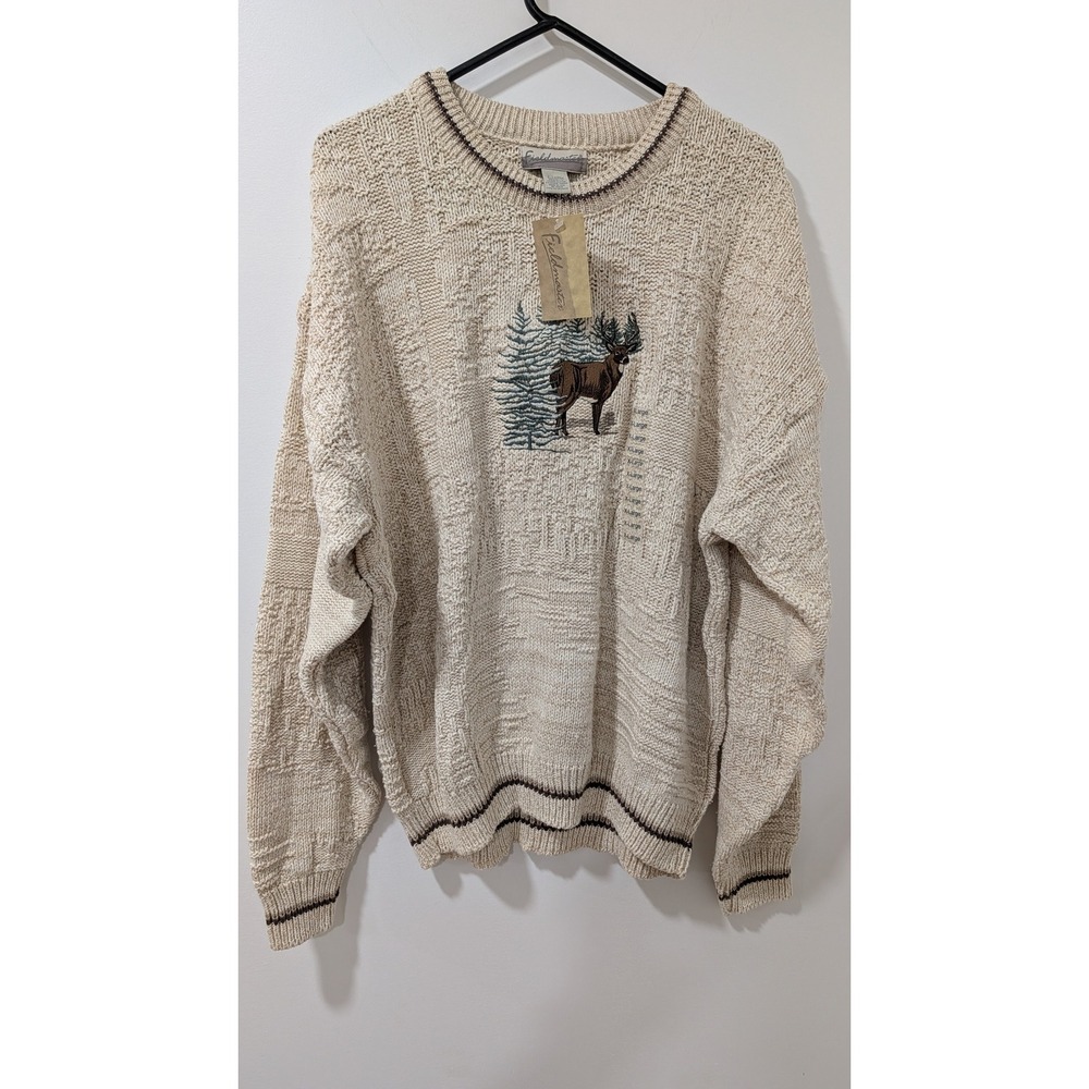 Fieldmaster Mens XL Cream Textured Knit Deer Embroidered Sweater Made USA 90's